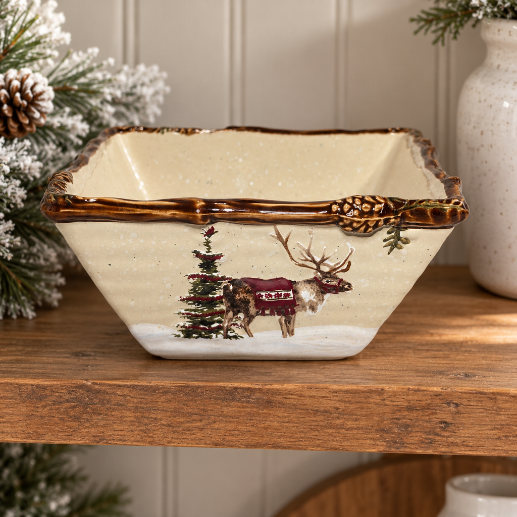 Snow Valley deer bowl displayed on a kitchen shelf