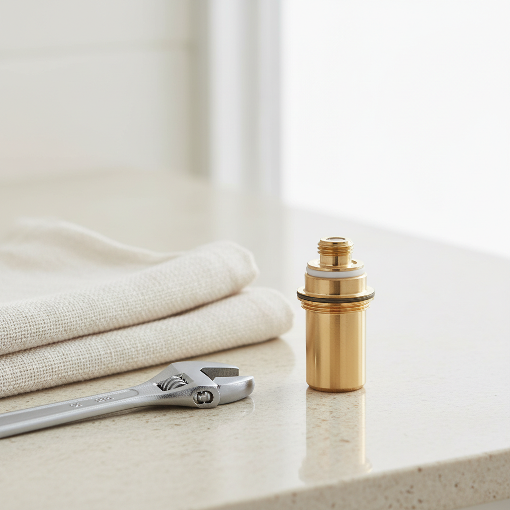 AI-generated bathroom maintenance context with a generic brass ceramic faucet cartridge; illustrative only.