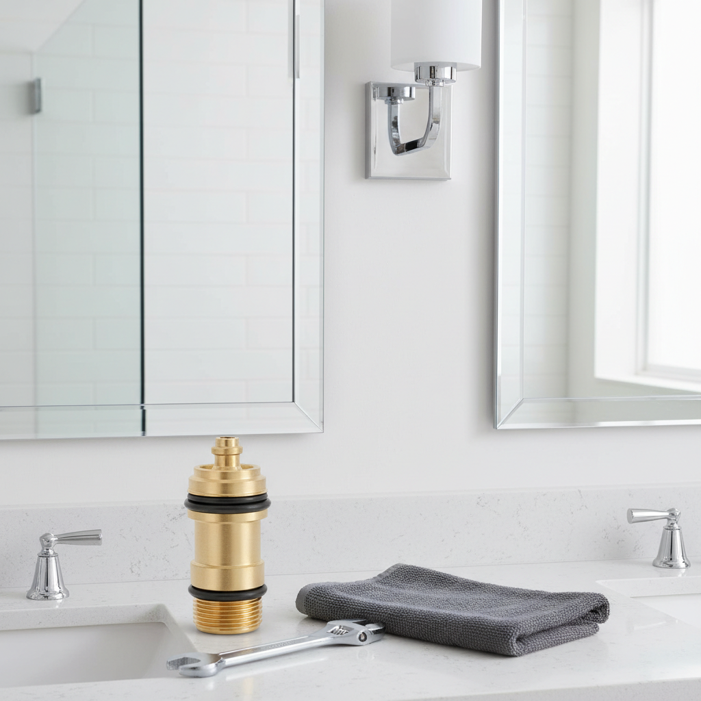 AI-generated bathroom vanity context with a generic brass ceramic faucet cartridge; illustrative only.