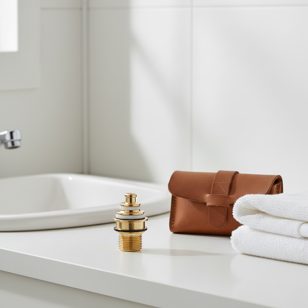 AI-generated bathroom countertop context with a generic brass faucet cartridge; illustrative only.