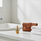 AI-generated bathroom countertop context with a generic brass faucet cartridge; illustrative only.