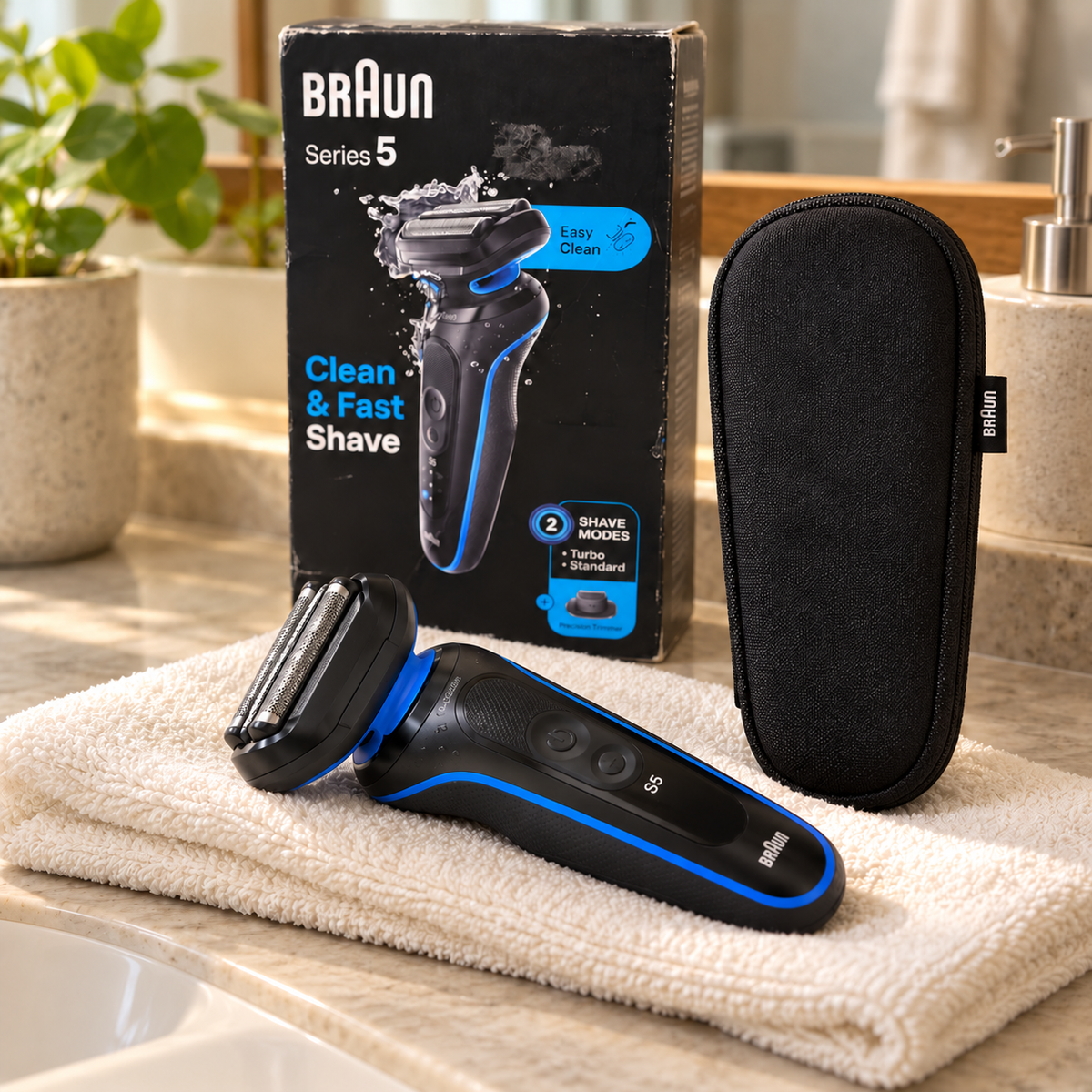 Braun Series 5 5118s boxed option with carry case on a bathroom counter