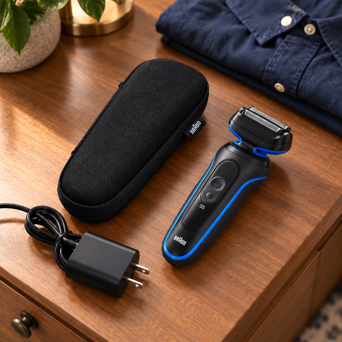 Braun Series 5 5118s with carry case and charger on a dresser