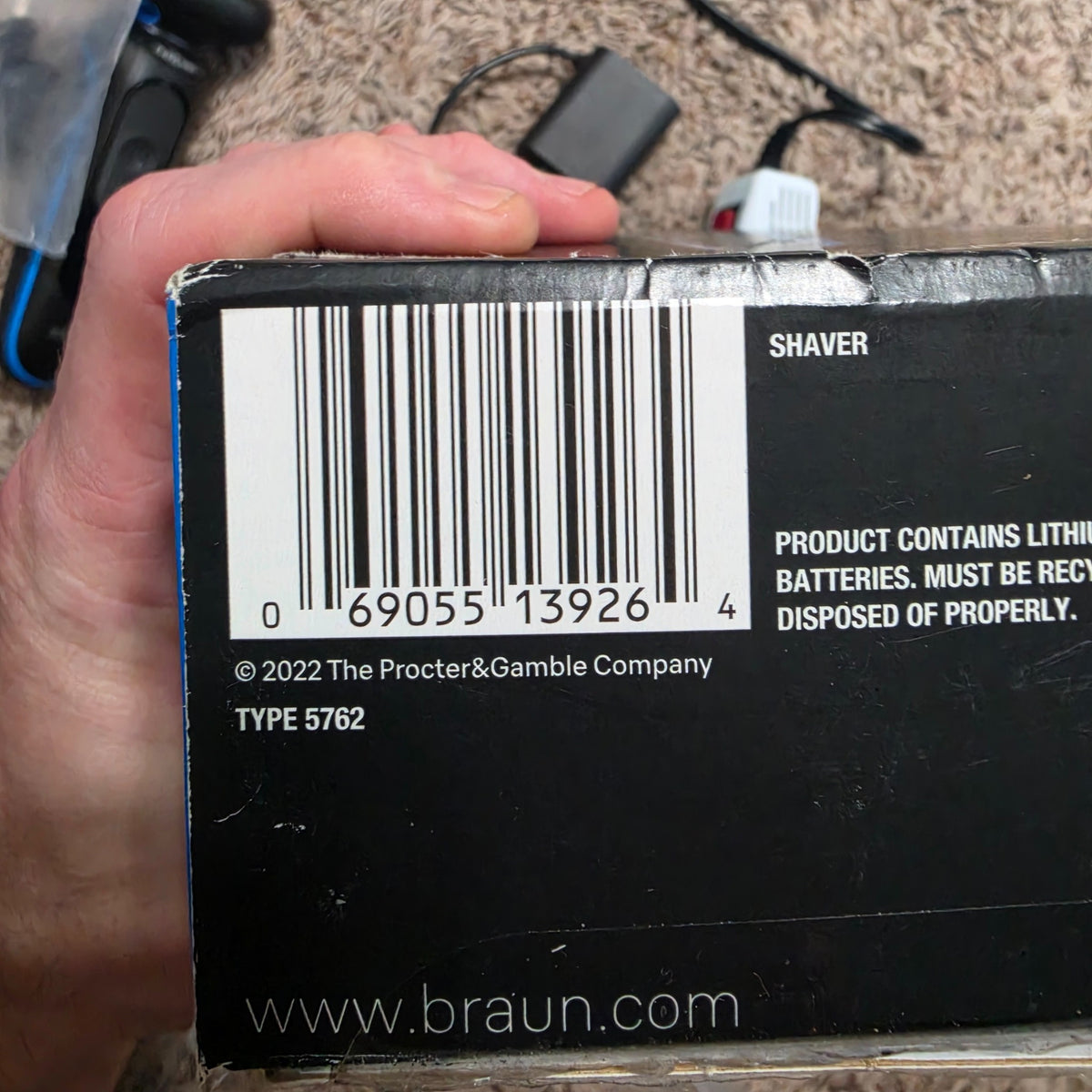 Original Braun Series 5 box label showing UPC 069055139264 and box wear
