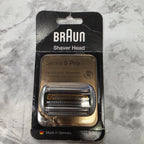 Actual new Braun Series 9 Pro 94M shaver head in original blister packaging with visible creasing and wear on the outer card