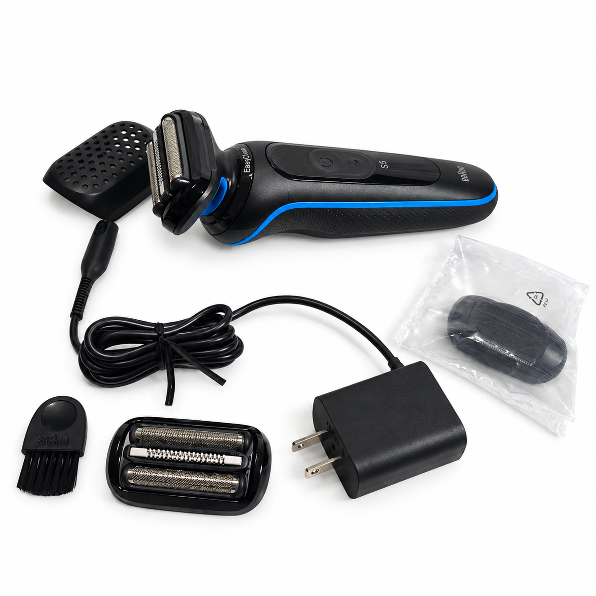 Braun Series 5 5118s no-box option with extra foil head, charger, trimmer, brush and cap; no carrying case