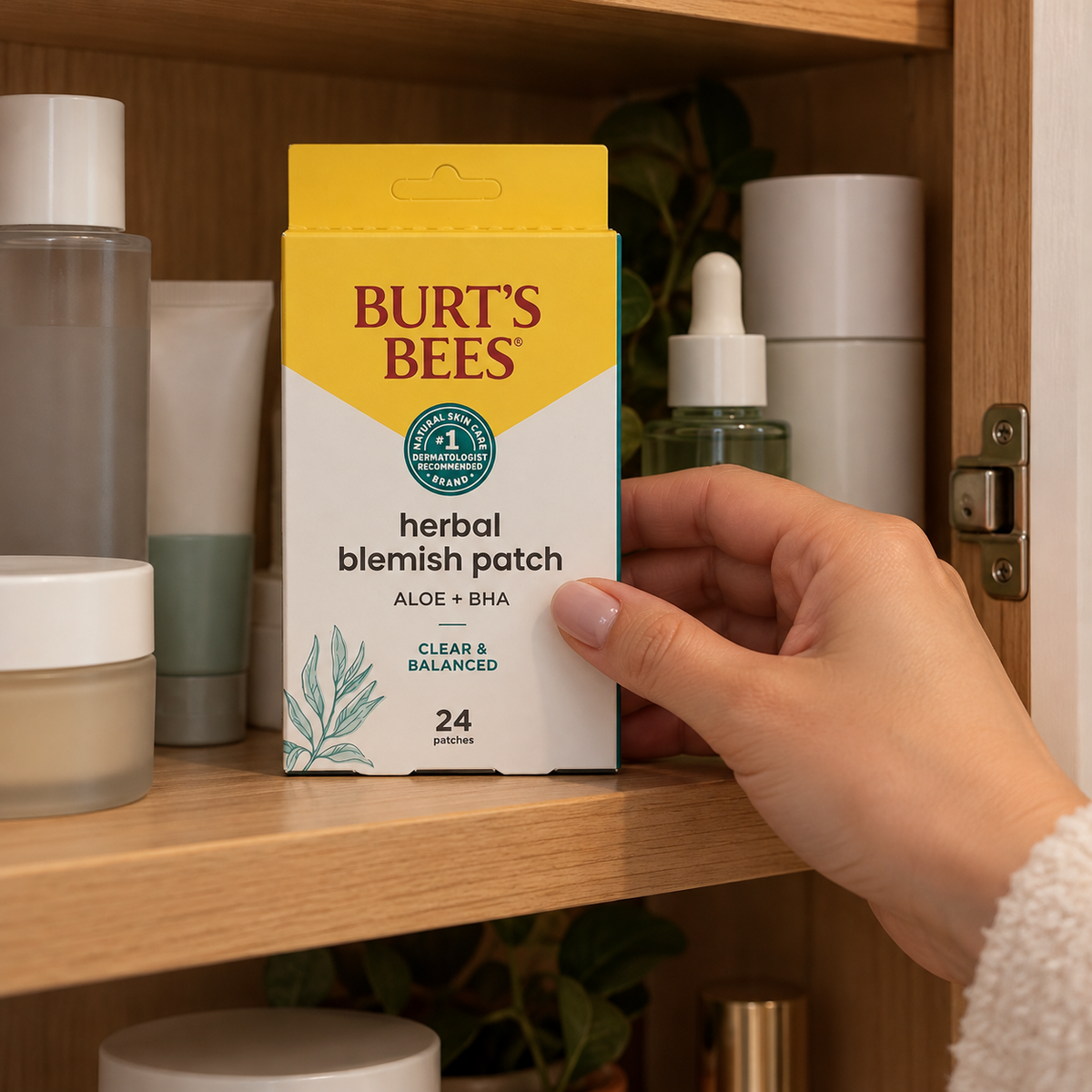 Placing the Burt’s Bees 24-patch carton on a skincare cabinet shelf