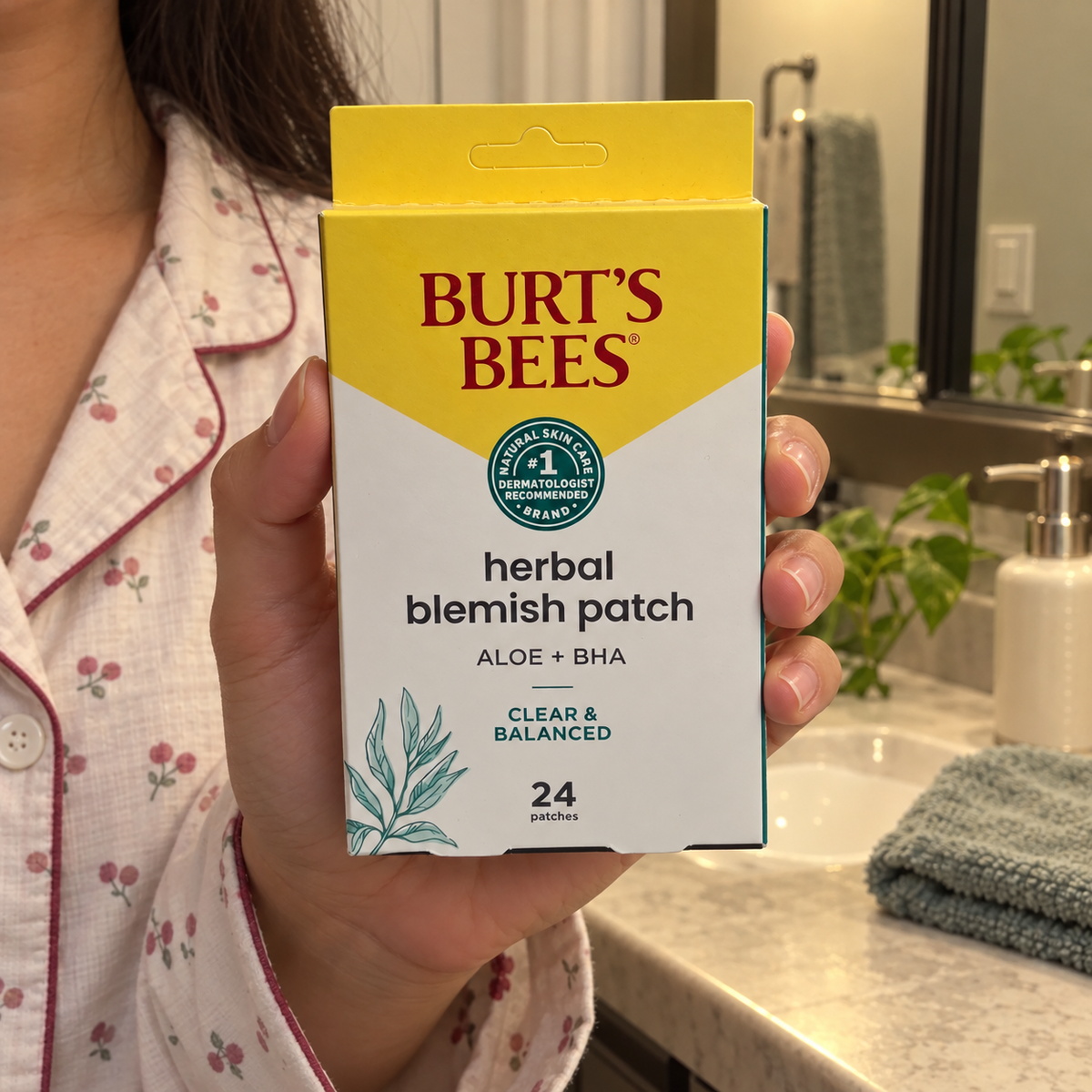 Holding a Burt’s Bees Aloe + BHA 24-patch carton during an evening skincare routine