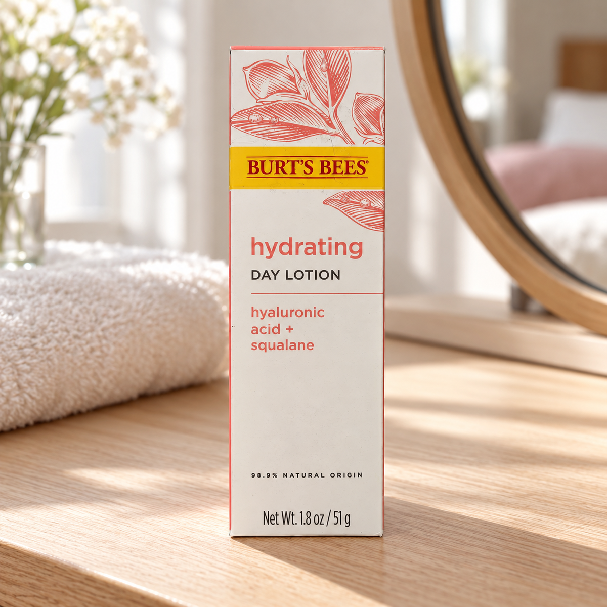 Burt's Bees Hydrating Day Lotion carton on a bedroom dressing table, AI-assisted illustration