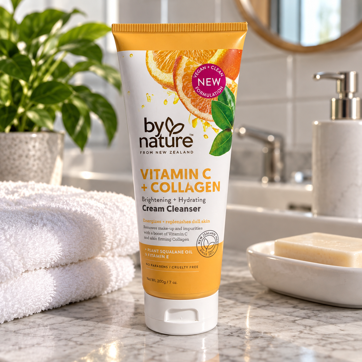 AI-generated scene: by nature Vitamin C + Collagen Cream Cleanser 200 g tube beside bathroom towel and soap dish; props excluded