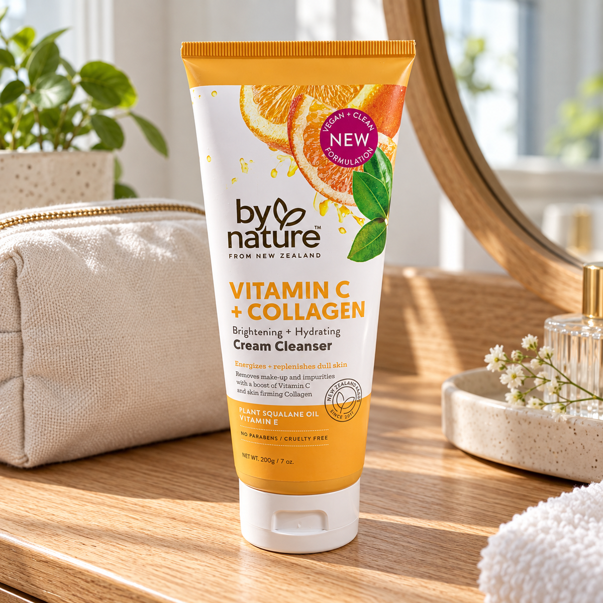 AI-generated scene: by nature Vitamin C + Collagen Cream Cleanser 200 g tube on oak dresser beside mirror and closed pouch; props excluded