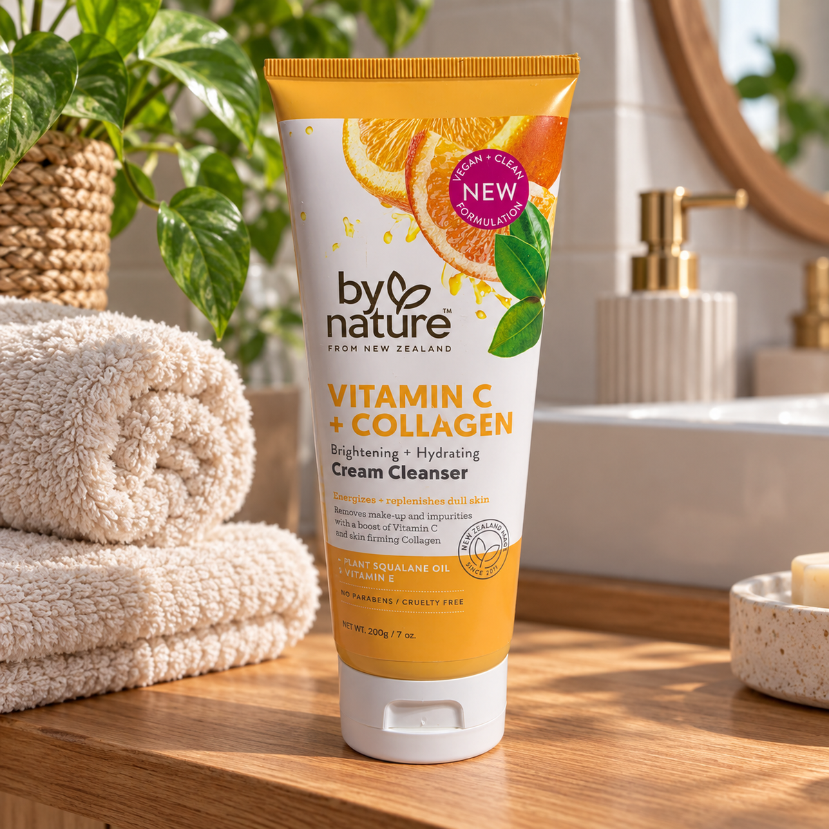 AI-generated scene: by nature Vitamin C + Collagen Cream Cleanser 200 g tube on bathroom shelf with rolled towels; props excluded