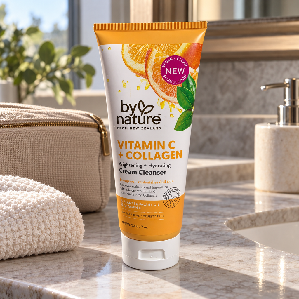 AI-generated scene: by nature Vitamin C + Collagen Cream Cleanser 200 g tube on hotel vanity beside closed travel bag and washcloth; props excluded