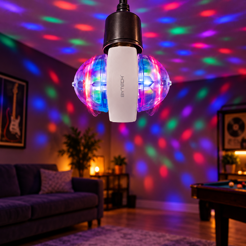 AI-generated lifestyle illustration of a Bytech double-sided disco bulb in an open pendant socket in a game room; light pattern illustrative, fixture and props not included.