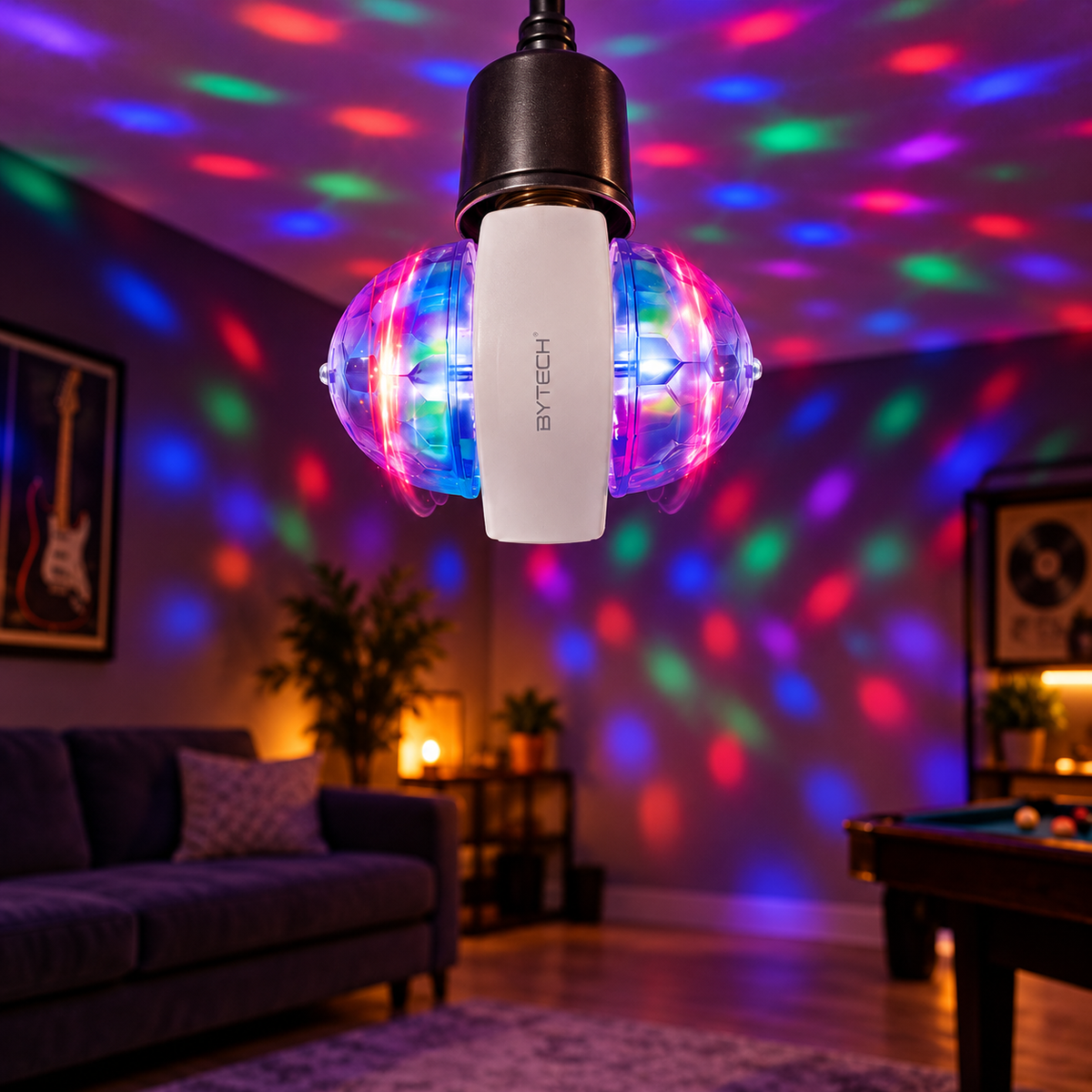 AI-generated lifestyle illustration of a Bytech double-sided disco bulb in an open pendant socket in a game room; light pattern illustrative, fixture and props not included.