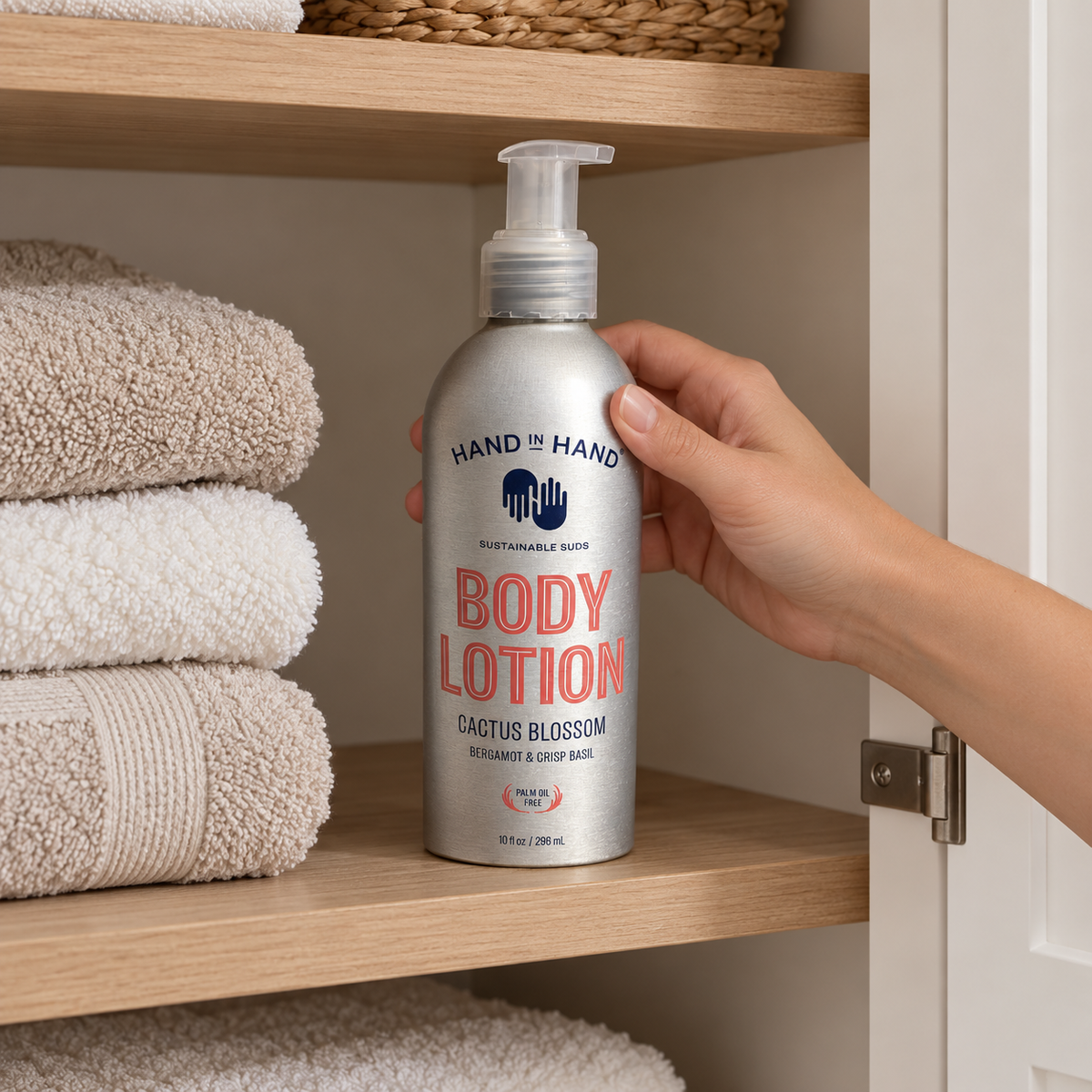 Hand in Hand Cactus Blossom Body Lotion returned to a linen-cabinet shelf