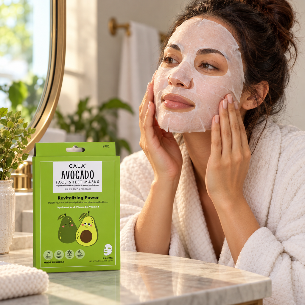 Woman smoothing a facial sheet mask beside a box of CALA Avocado masks on her bathroom vanity; AI-assisted lifestyle illustration.