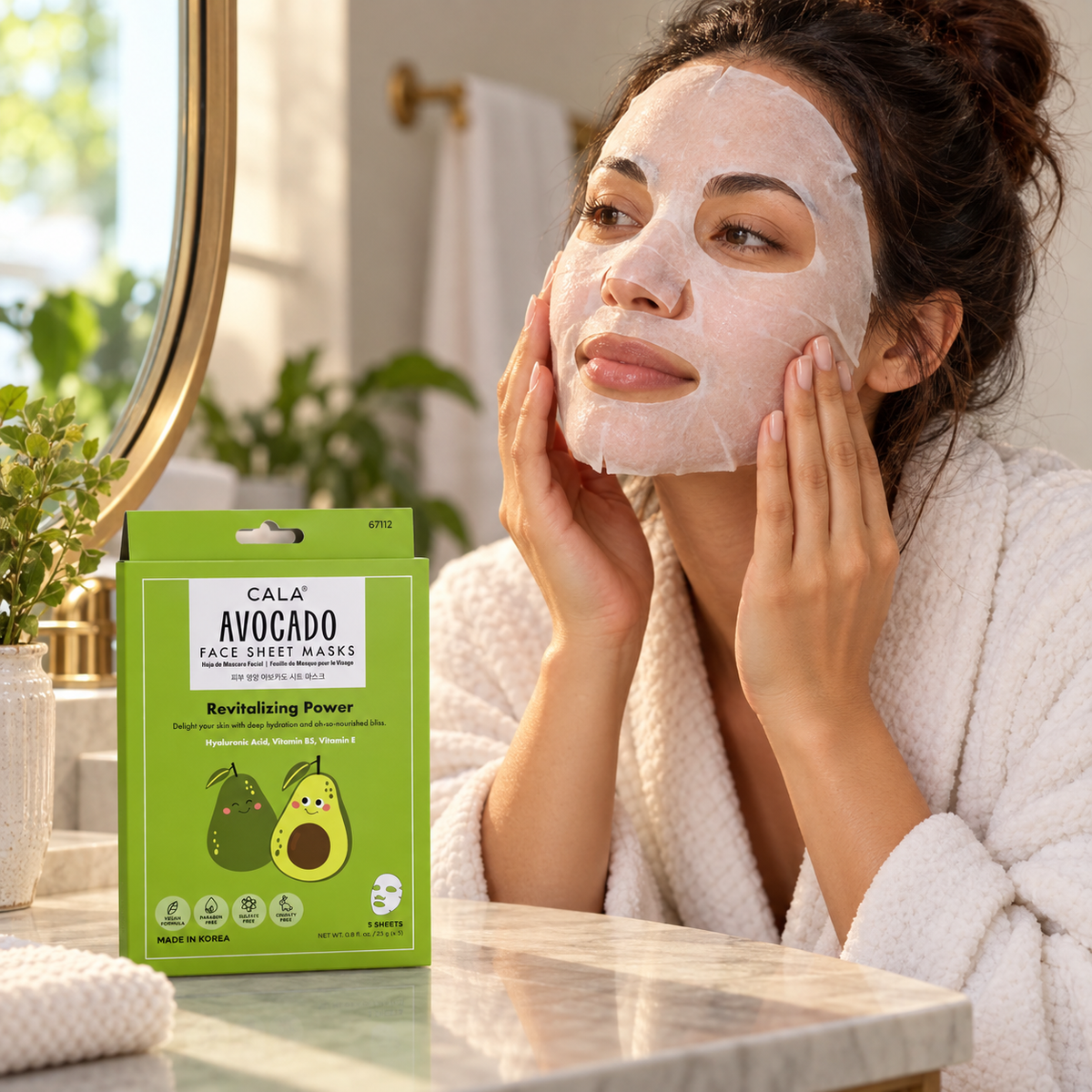 Woman smoothing a facial sheet mask beside a box of CALA Avocado masks on her bathroom vanity; AI-assisted lifestyle illustration.