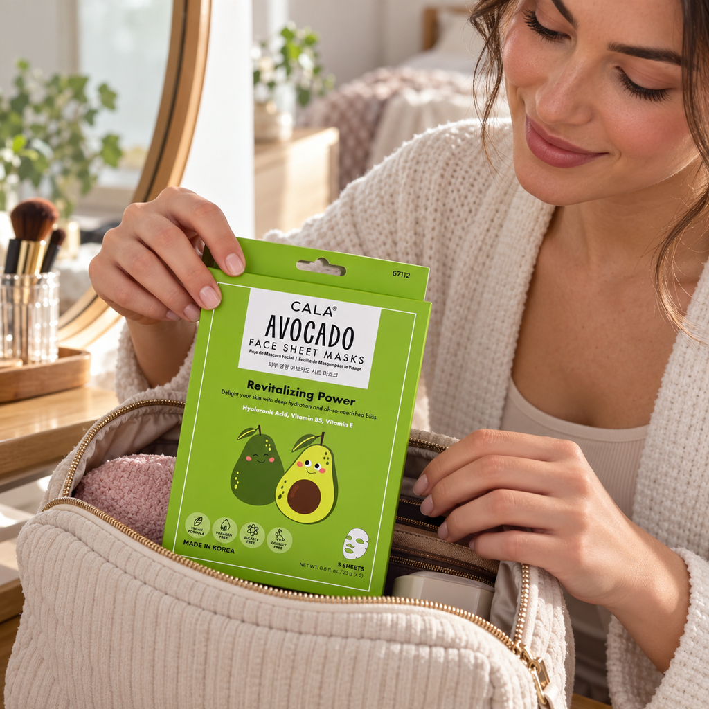 Woman packing a box of CALA Avocado Face Sheet Masks into a toiletry bag; AI-assisted lifestyle illustration.