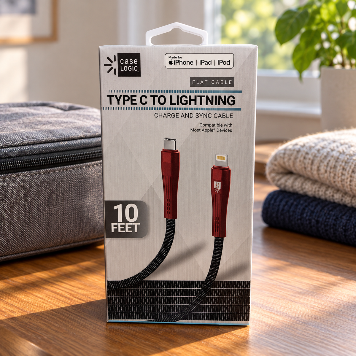 AI-generated scene: Case Logic 10ft cable carton beside closed travel pouch and sweater on packing desk; props excluded