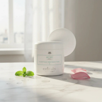 AI-generated morning vanity scene with Celesty treatment pads jar; botanical props not included