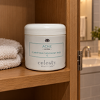 AI-generated cabinet shelf scene with the closed Celesty treatment pads jar; washcloth not included