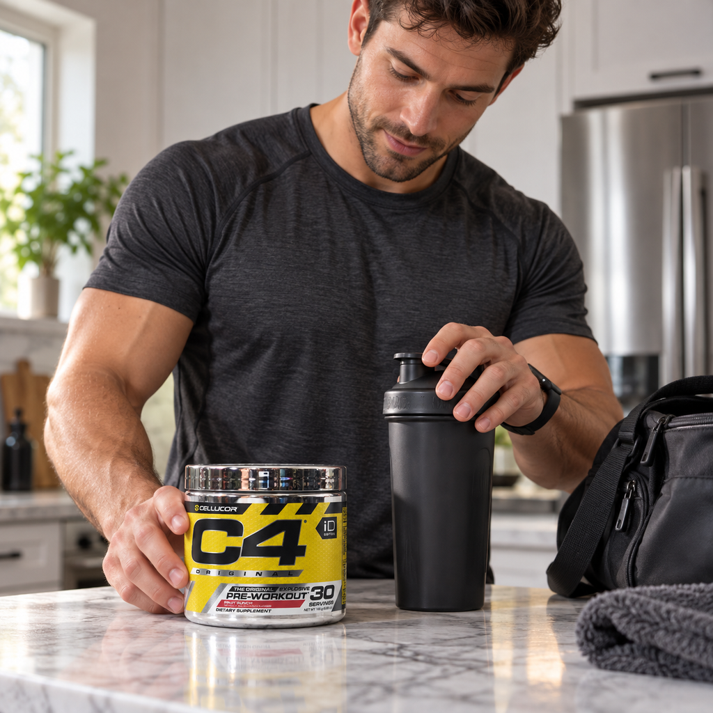 AI-generated preparation scene with C4 Original iD Series Fruit Punch tub; shaker and bag not included