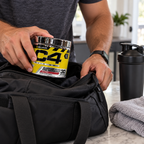 AI-generated gym bag packing scene with C4 Original iD Series Fruit Punch tub; props not included