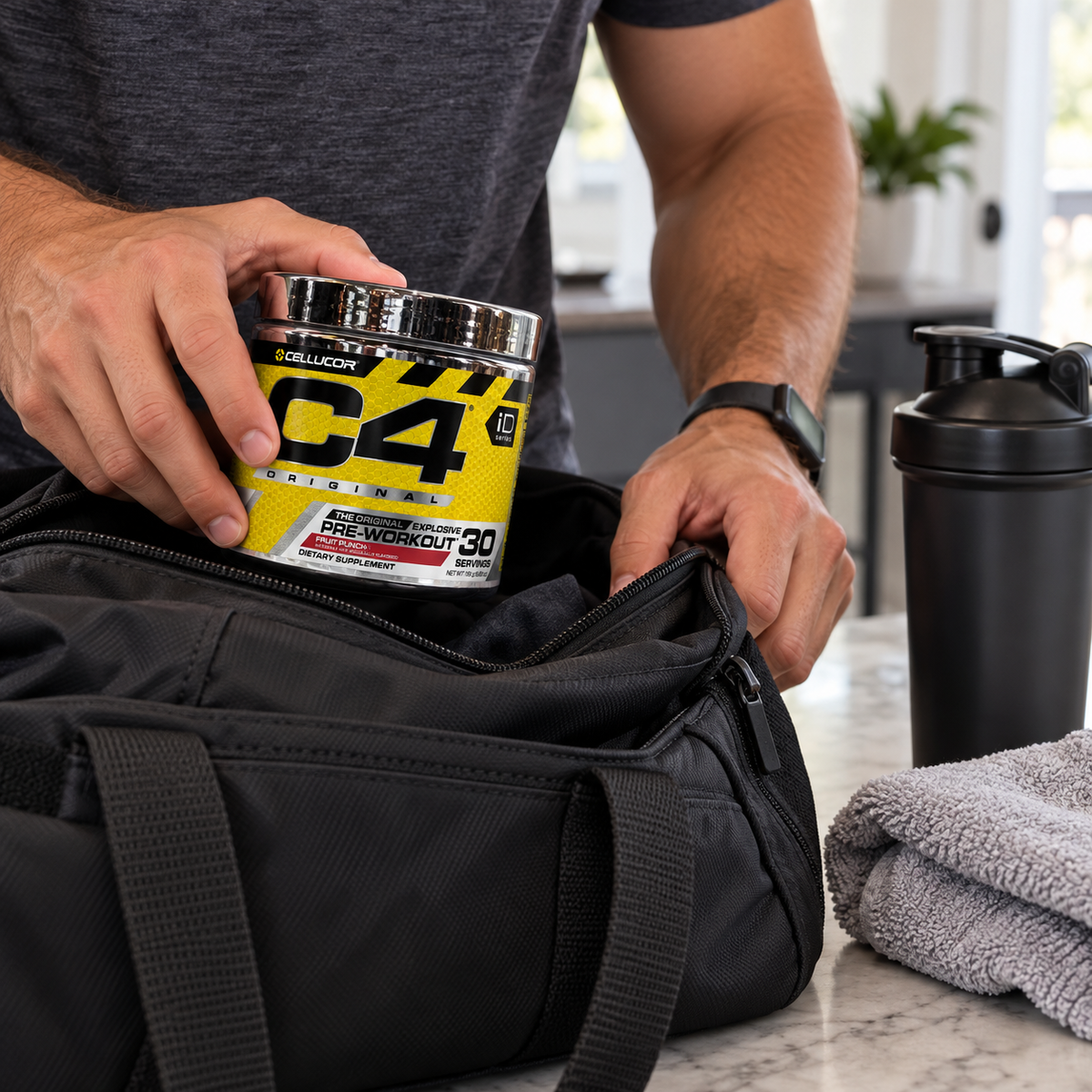 AI-generated gym bag packing scene with C4 Original iD Series Fruit Punch tub; props not included