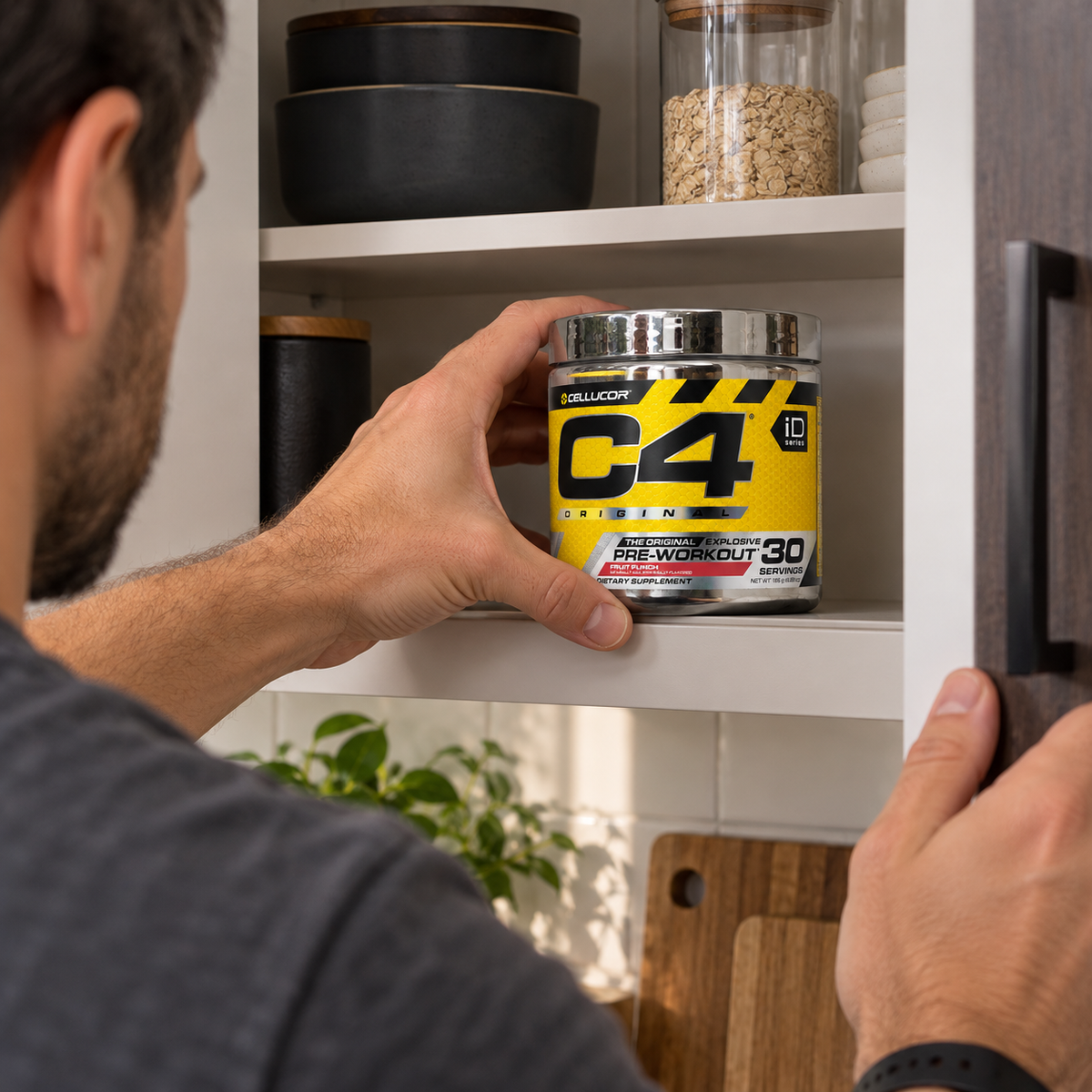 AI-generated cupboard storage scene with C4 Original iD Series Fruit Punch tub