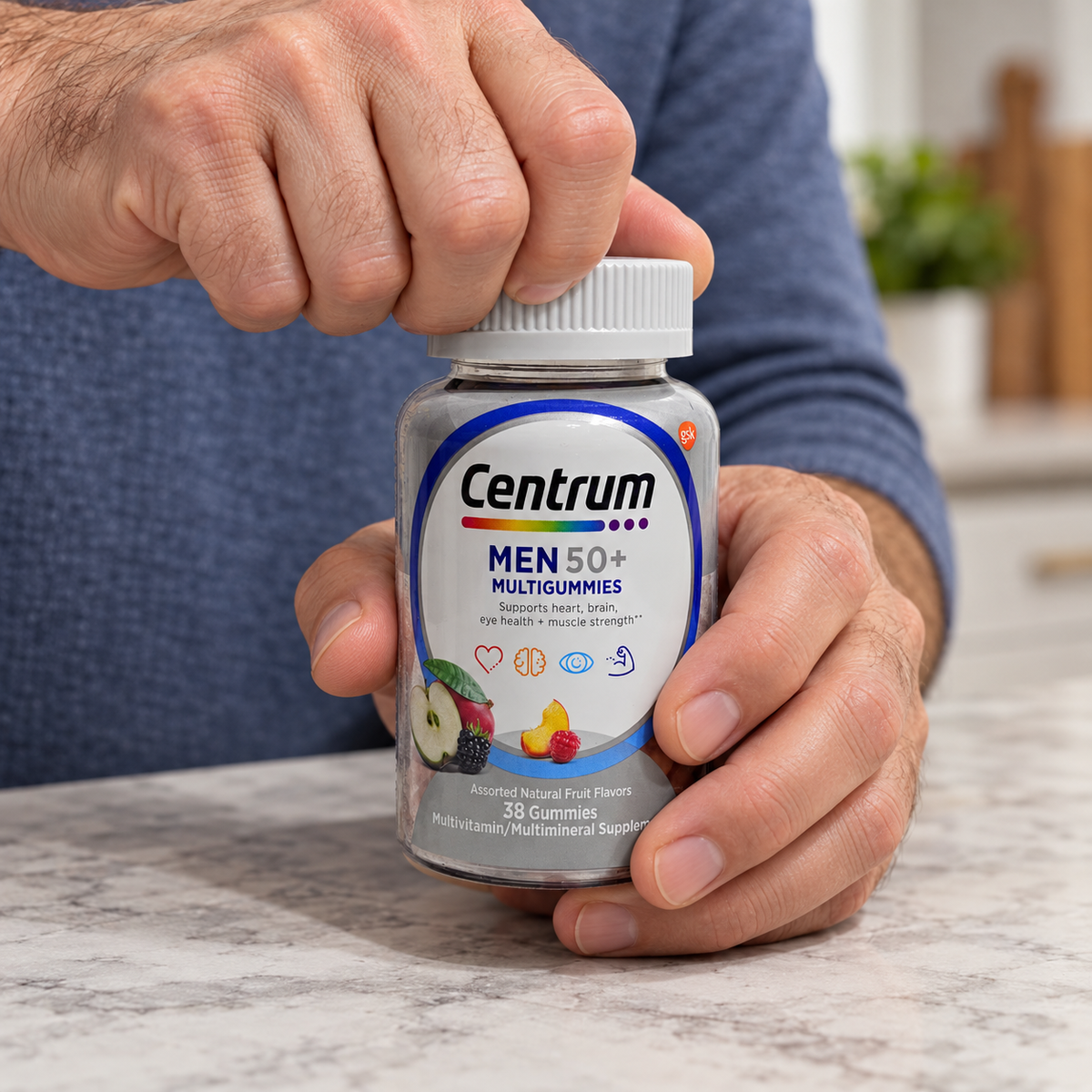 AI-generated illustration of adult hands loosening the cap on an older Centrum Men 50+ 38-count bottle; not the stocked unit being opened
