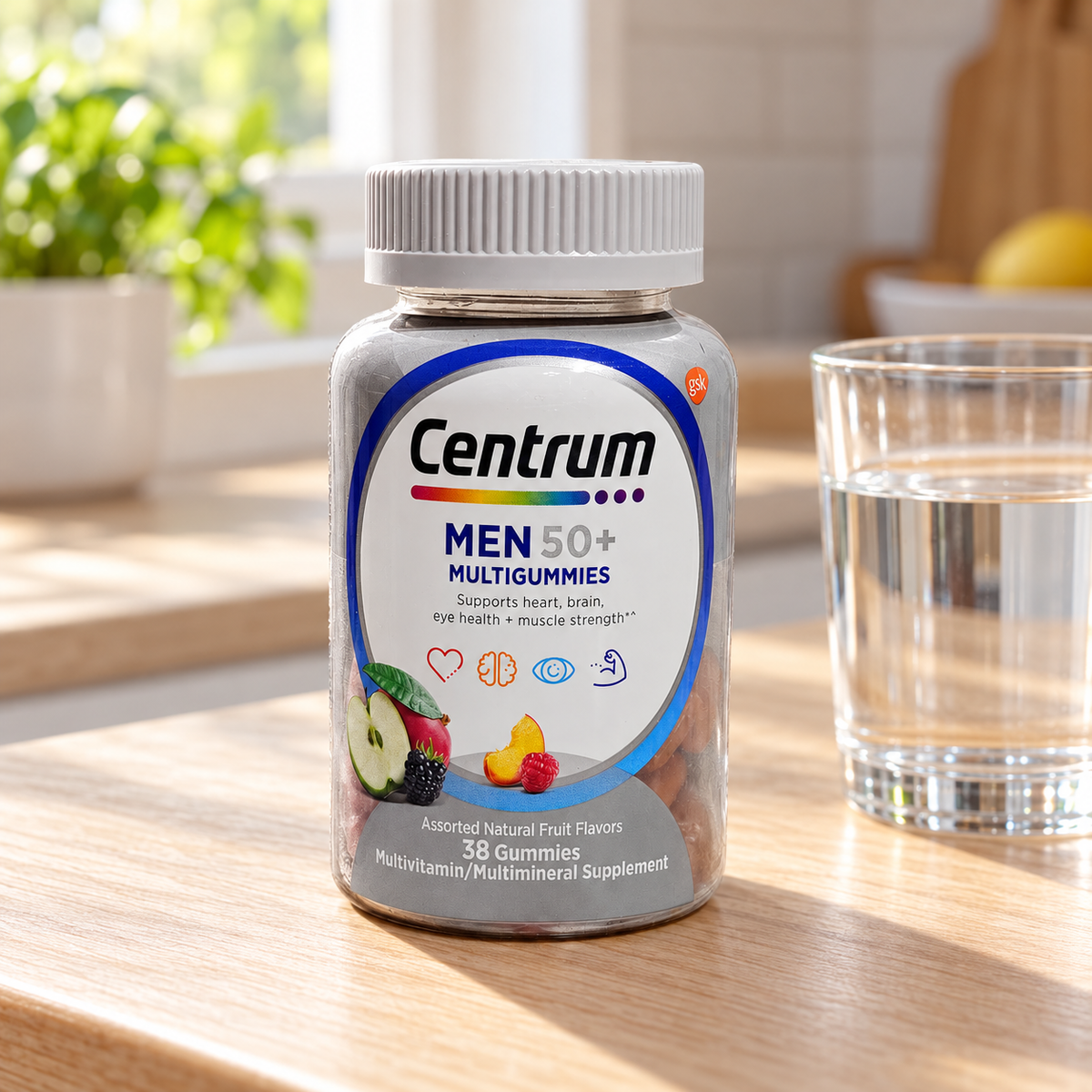 AI-generated kitchen counter scene with an older Centrum Men 50+ 38-count bottle; water glass not included