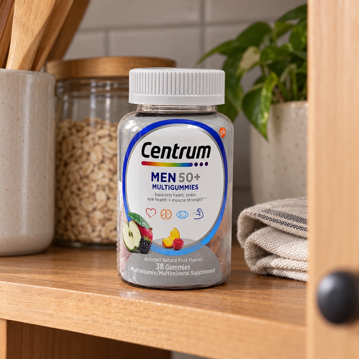 AI-generated cabinet shelf scene with an older Centrum Men 50+ 38-count bottle; cloth and pantry props not included