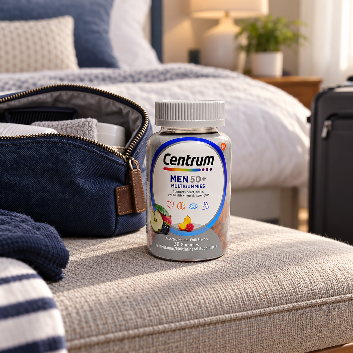 AI-generated travel packing scene with an older Centrum Men 50+ 38-count bottle; pouch and luggage not included