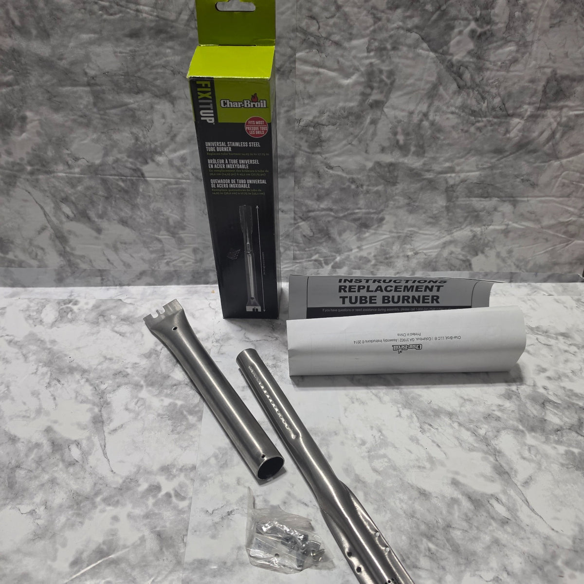 Char-Broil FIXITUP tube burner with its original box, adjustable sections, hardware bag and instructions