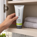 Placing the capped Mary Kay Clear Proof charcoal mask tube in a bathroom cabinet