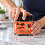 AI-generated context: adult caregiver turning the closed black cap of the exact Chewsy Kids Multi Wild Berry30-chew jar; background props not included.