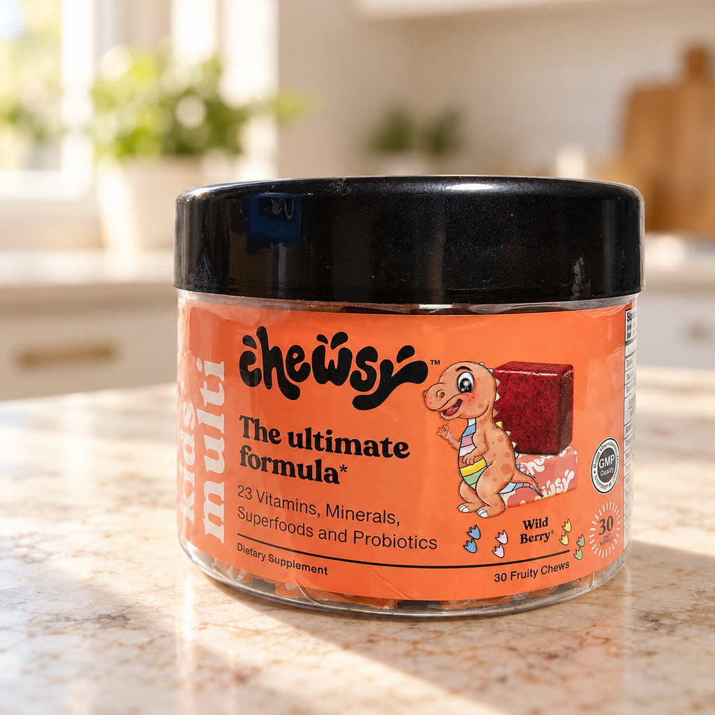 AI-generated context: exact Chewsy Kids Multi Wild Berry30-chew jar on a sunlit kitchen counter; household props not included.