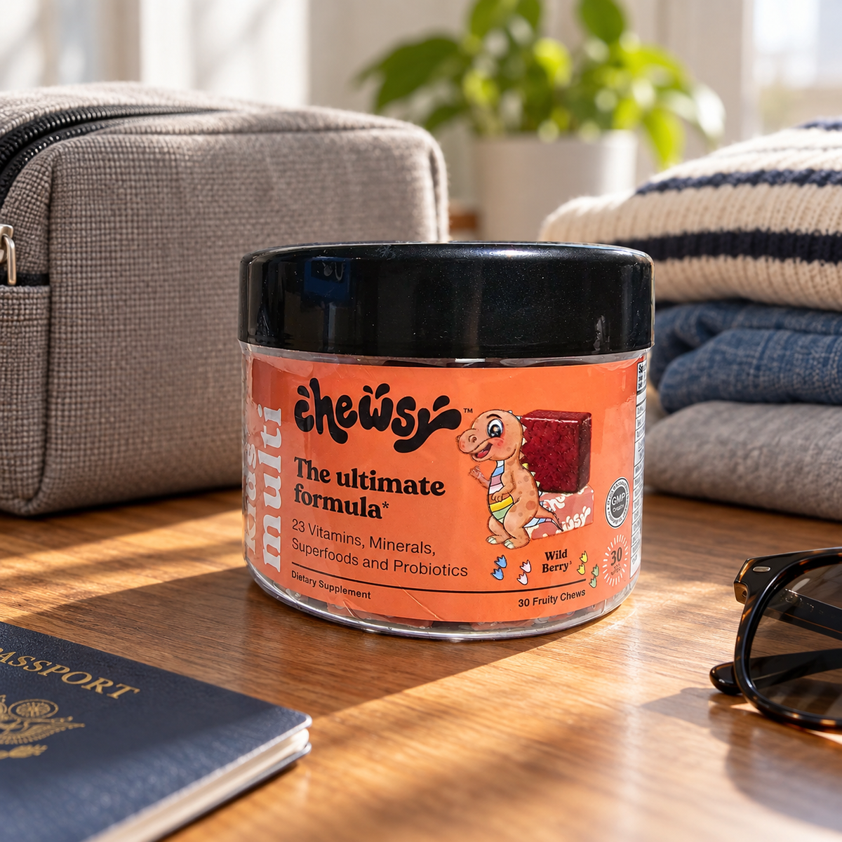 AI-generated context: exact Chewsy Kids Multi Wild Berry30-chew jar on an adult travel packing table; pouch, clothes and travel props not included.