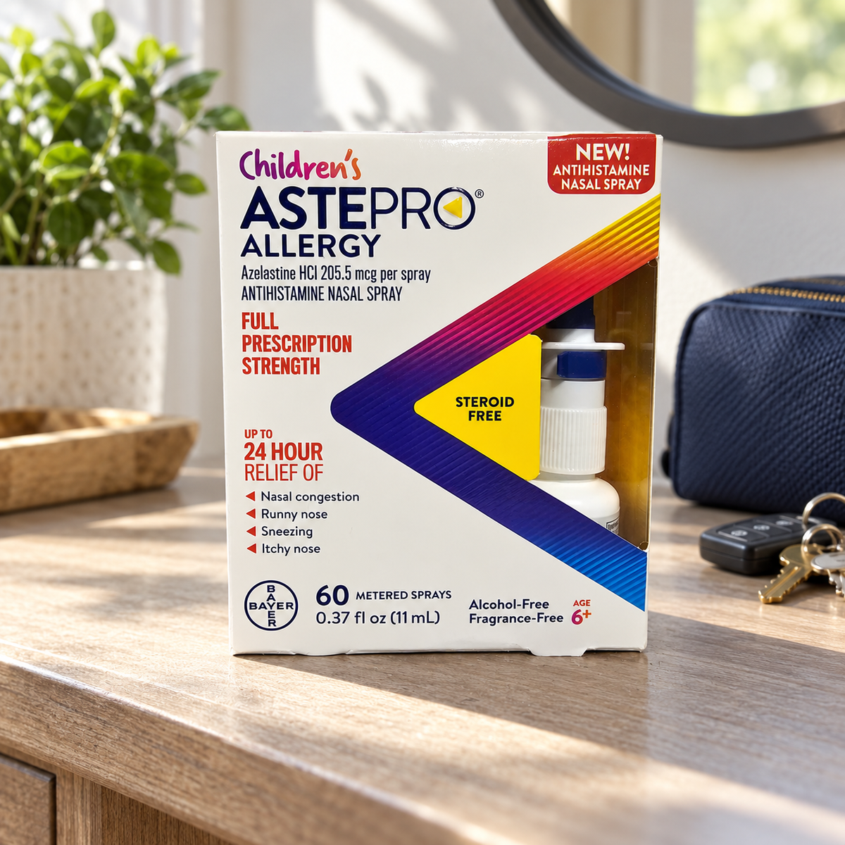 AI-generated context: exact Children's Astepro60-spray11mL retail carton on an entry console; pouch, keys and plant are props, not included.