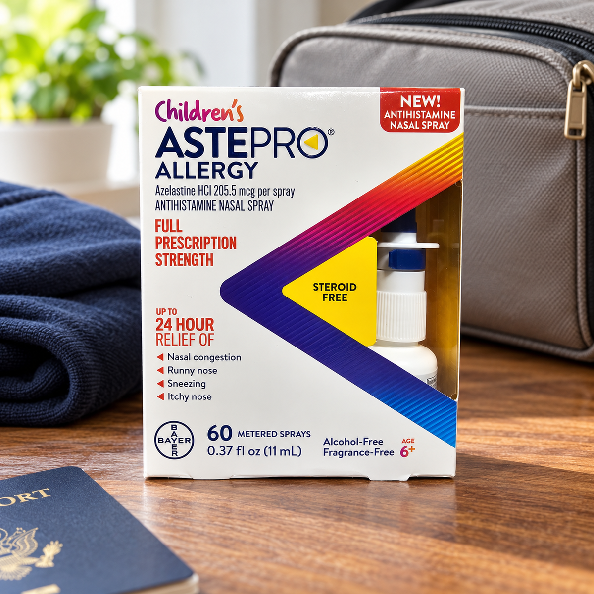 AI-generated context: exact Children's Astepro60-spray11mL retail carton on an adult packing table; bag, clothing and travel props are not included.