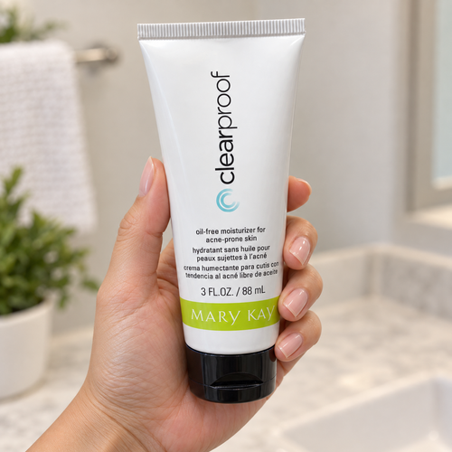 An adult hand holds one front-facing Mary Kay Clear Proof Oil-Free Moisturizer 88 mL tube.