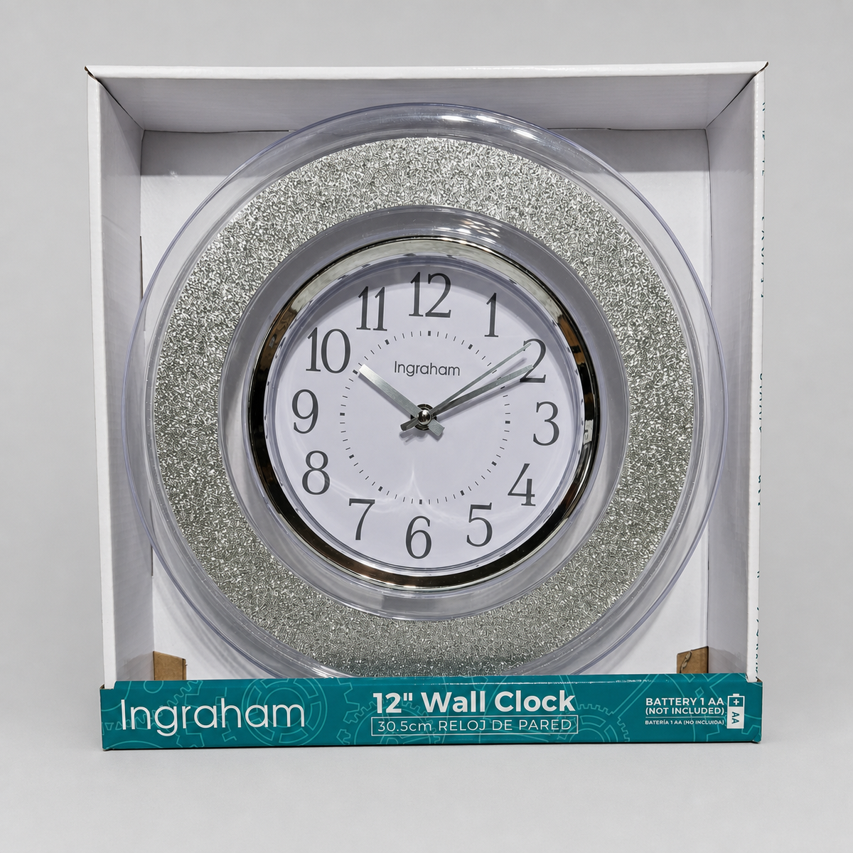 Ingraham 12-inch silver glitter wall clock retail package styled product image