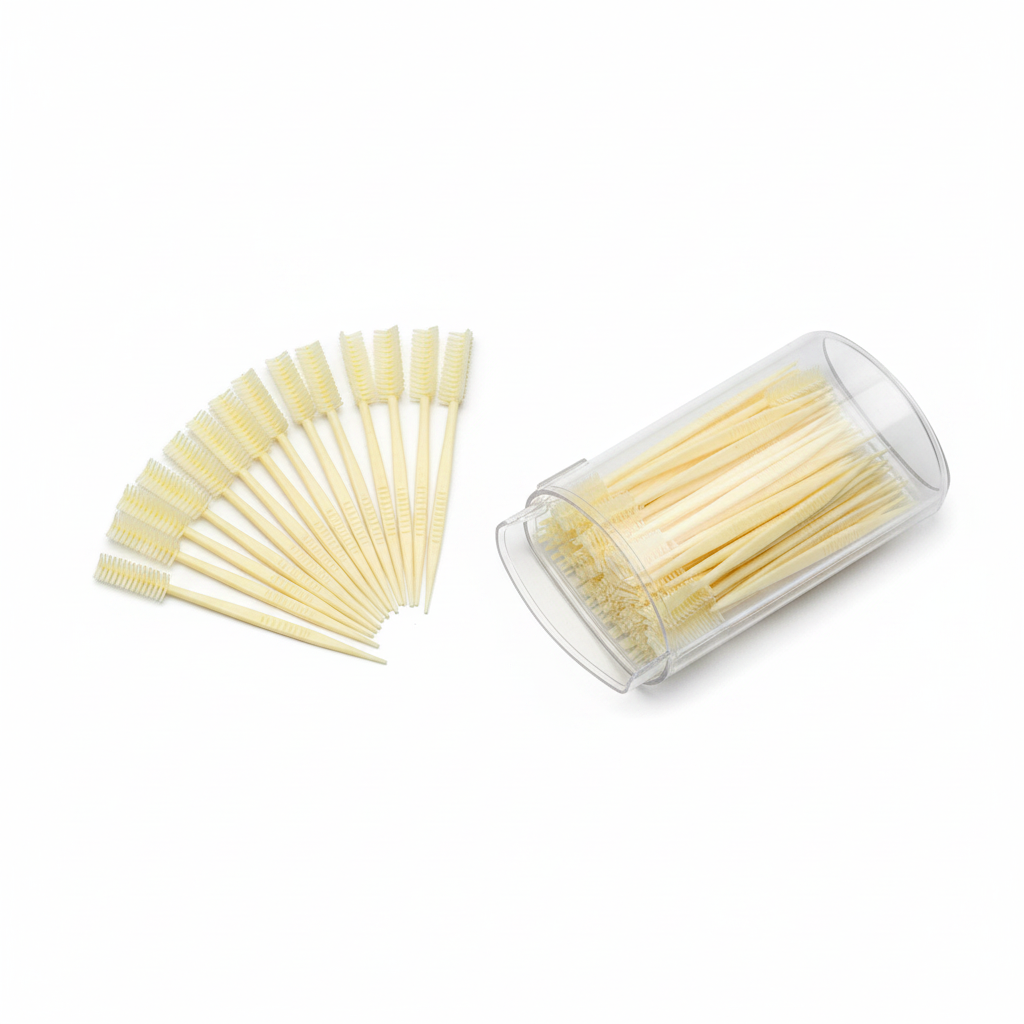 Close-up of picks and bristle tips beside the case