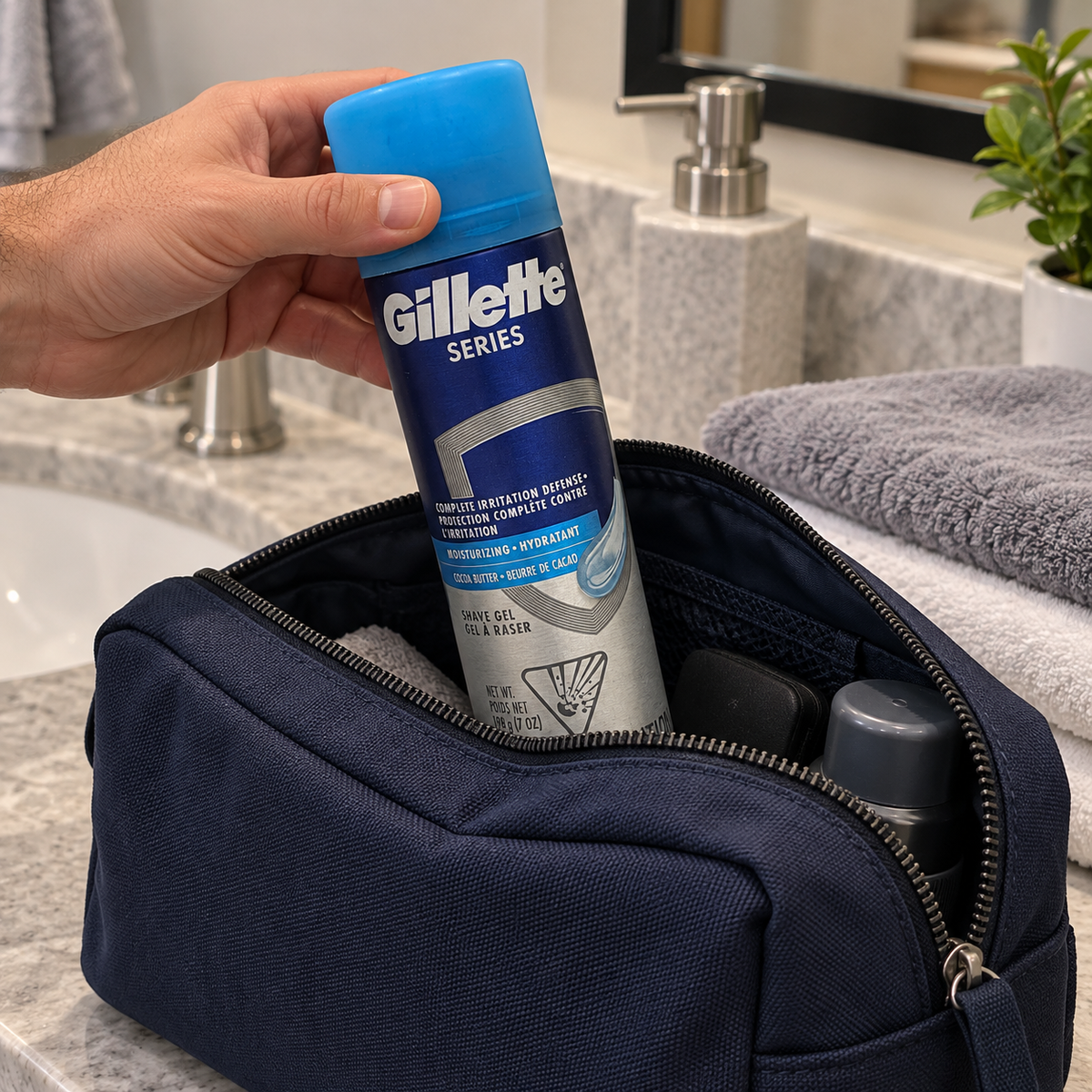 Packing the blue-capped cocoa butter shave gel in a toiletry bag