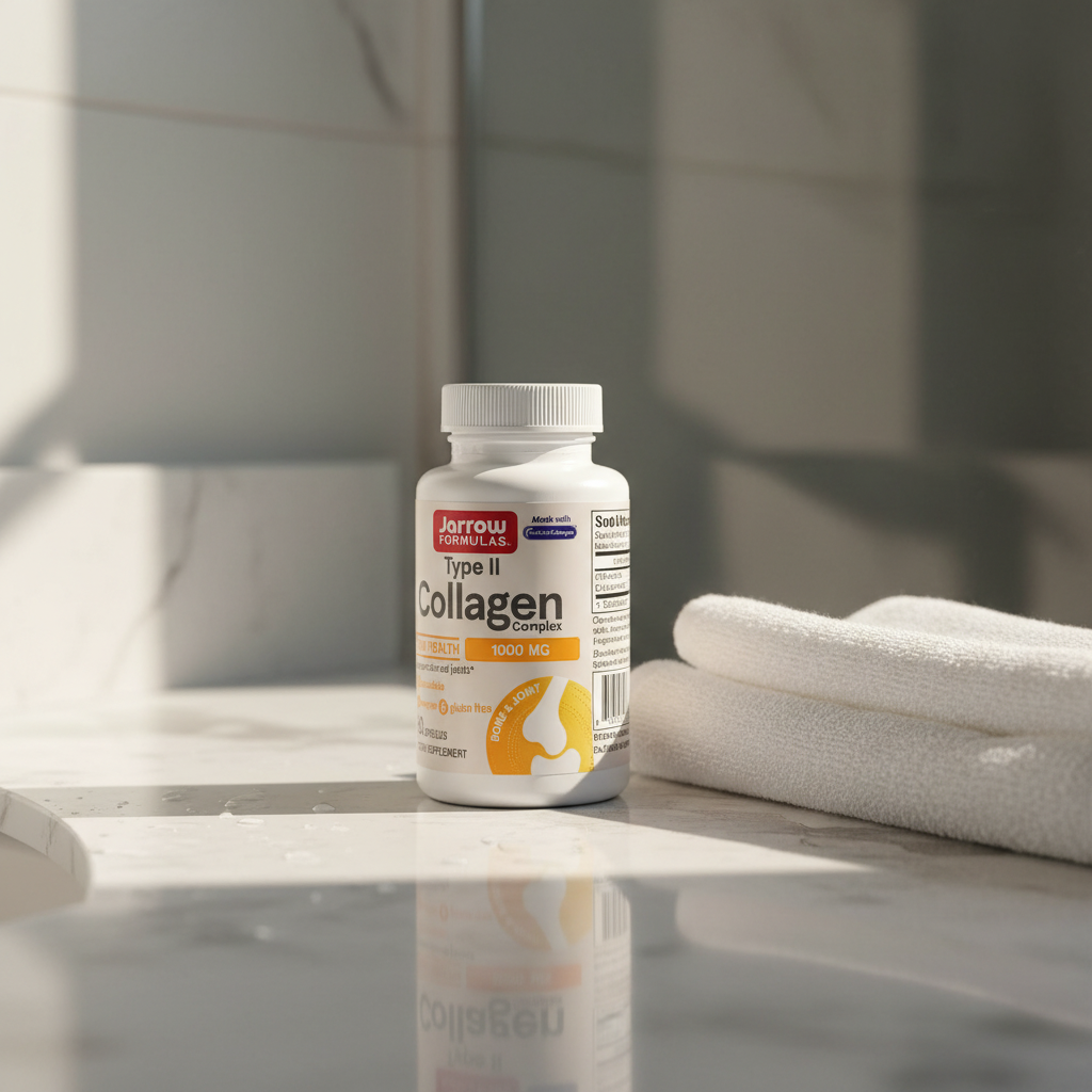 Collagen bottle on a bathroom counter with towels