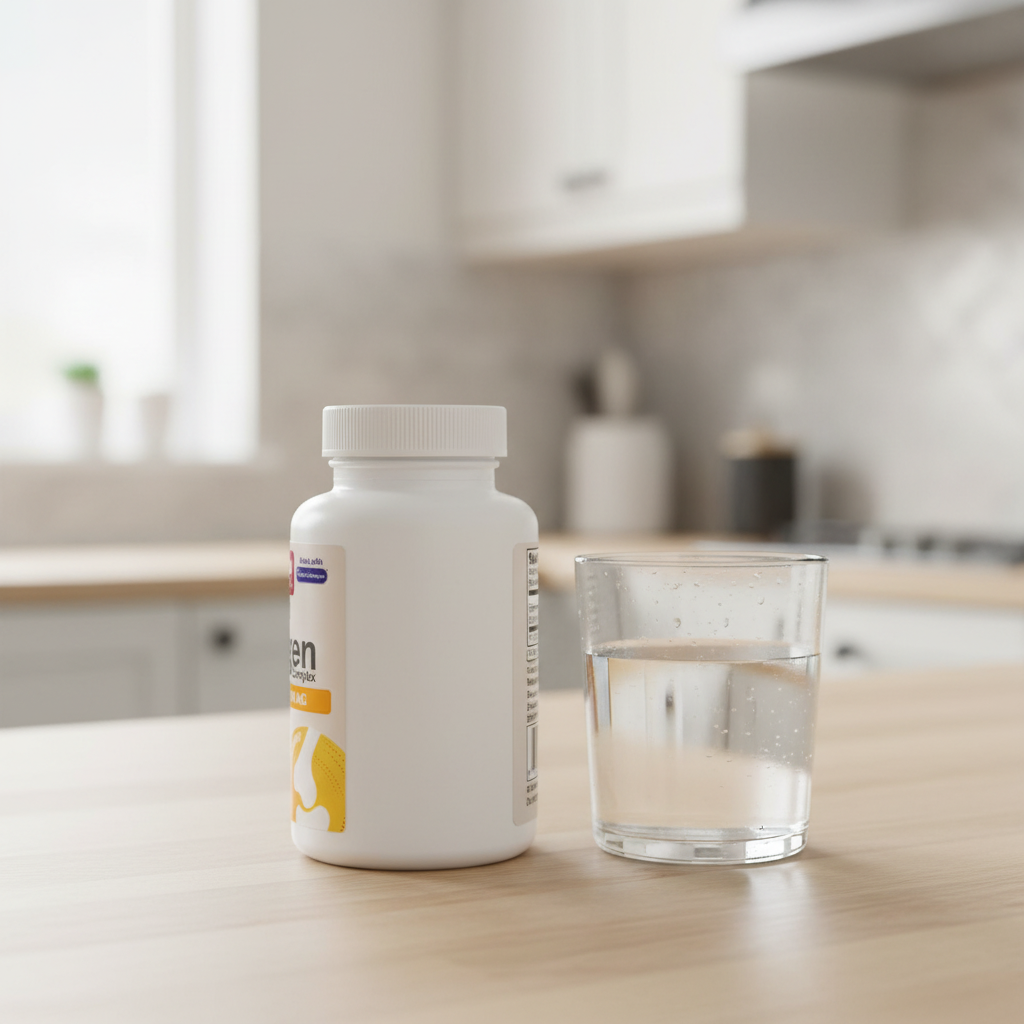 Collagen bottle on a kitchen counter with a glass of water