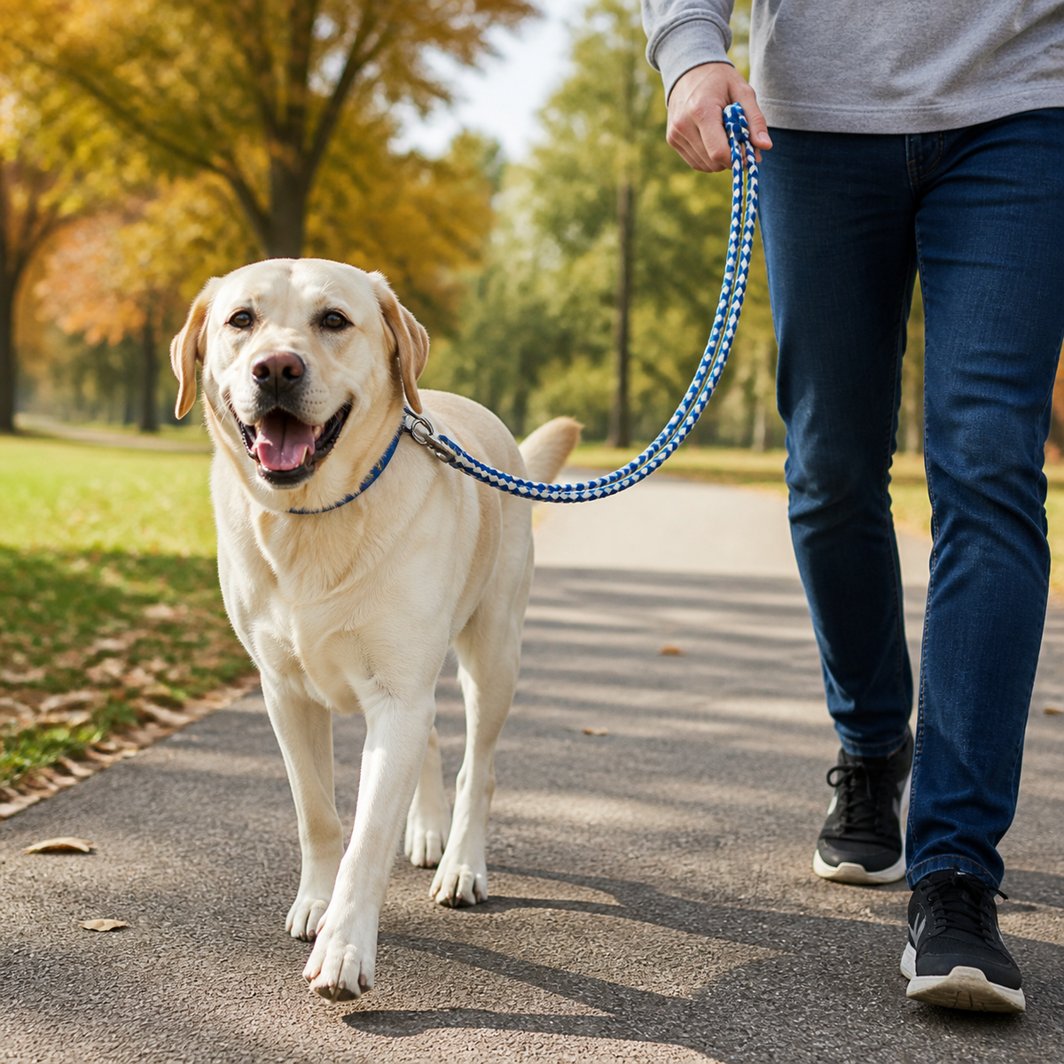 AI-generated blue and white pet leash walking context; not actual inventory