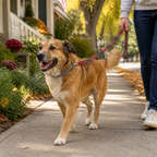 AI-generated red and gray pet leash walking context; not actual inventory
