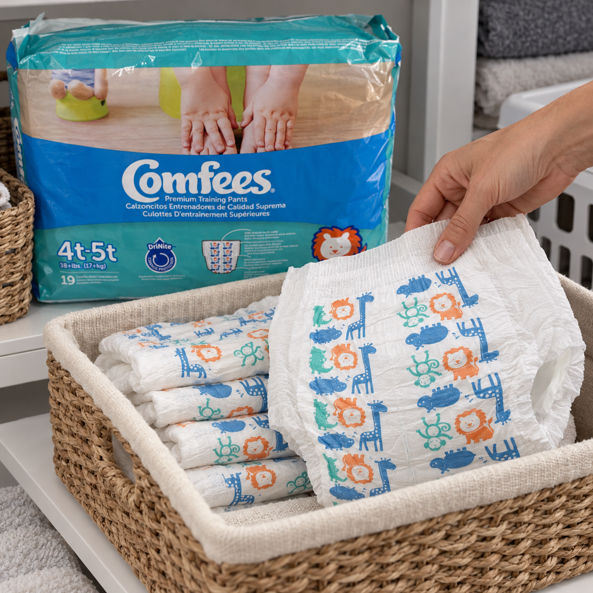 Placing a Comfees training pant into a storage caddy